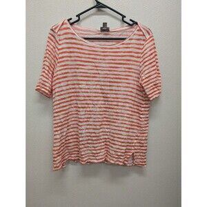 EUC J. Jill Stretch Sz L 100% LINEN Orange White Short Sleeve Blouse Shirt Top